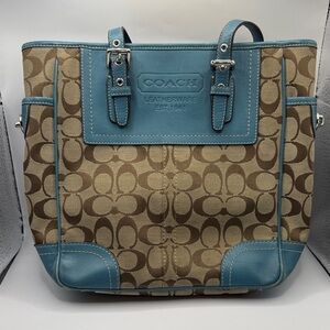 ✨ Coach Iconic C Canvas Shoulder Bag w/ Light Blue Leather – Gorgeous! ✨